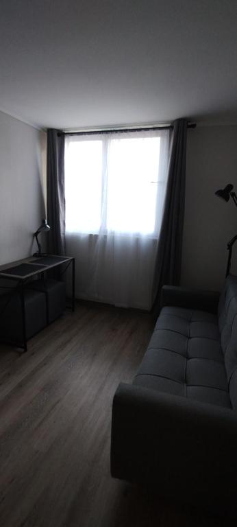 圣地亚哥Hermoso y cómodo departamento的带沙发和大窗户的客厅