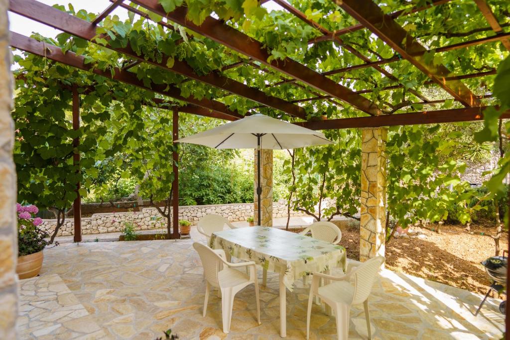 木洛希尼Apartment and Room Borka i Marko的庭院配有桌椅和遮阳伞。