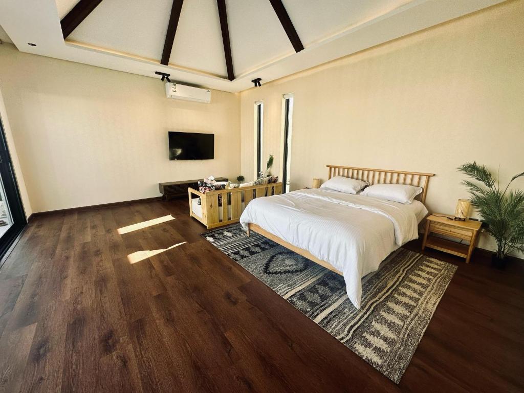布赖代منتجع تربل فور - Triple Four Resort的一间卧室配有一张床,墙上配有电视