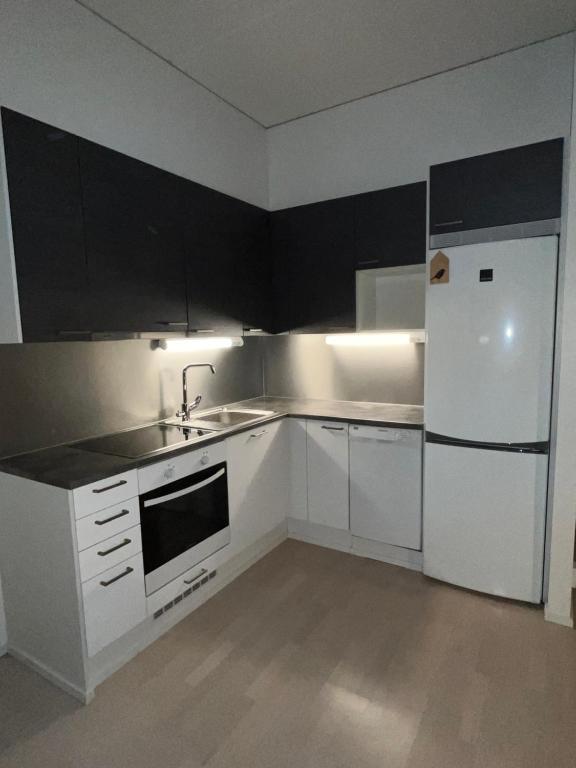 万塔Apartament hotel的厨房配有白色橱柜和白色冰箱。