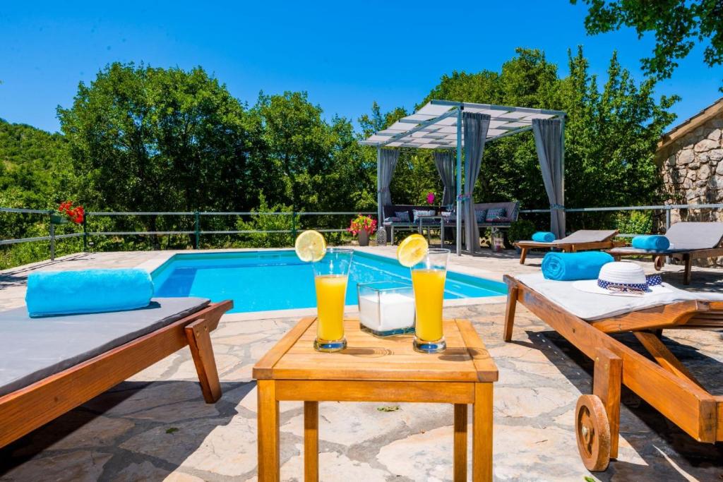ZmijavciVilla Ognjistar in the hinterland of Makarska Riviera的一个带2张桌子的游泳池,备有饮料