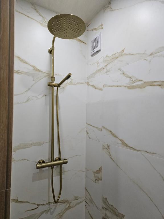 迈尔提勒Luxury appartment Oumi的带淋浴的浴室,拥有白色的大理石墙壁