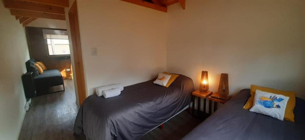 厄尔查尔坦Patagonia Tiny House的一间卧室配有两张单人床和一台电视机