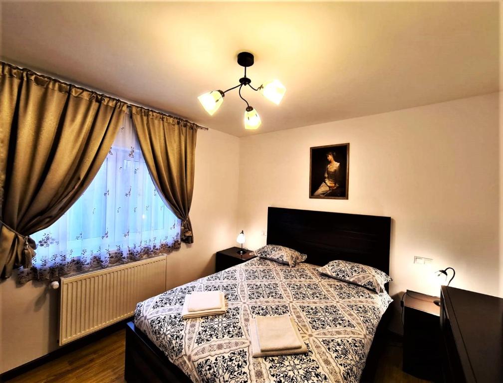 锡比乌Apartament Giulio的一间卧室设有一张床和一个窗口