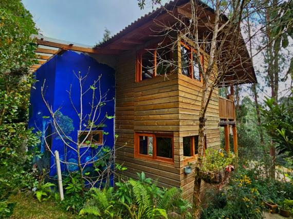 瓜尔内Beehouse Arví Cabaña的一座带蓝色墙壁的小木房子