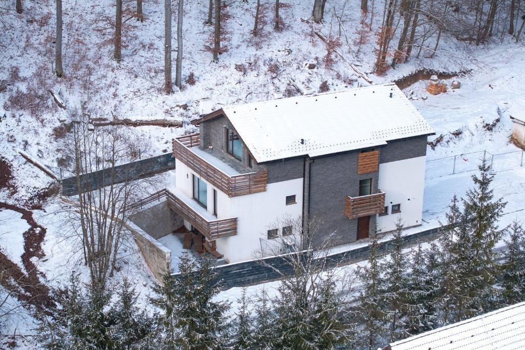 Horná LehotaChalety Bystra的雪中房屋的空中景观