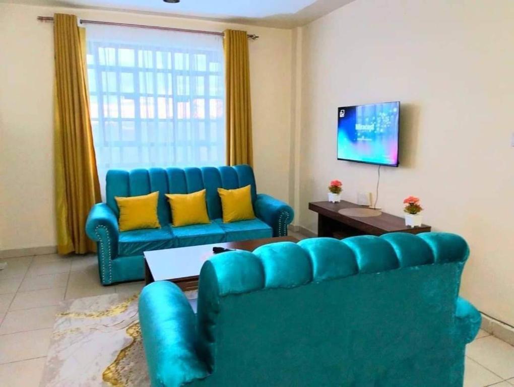 ThikaGazena homes的客厅配有2张蓝色沙发和电视