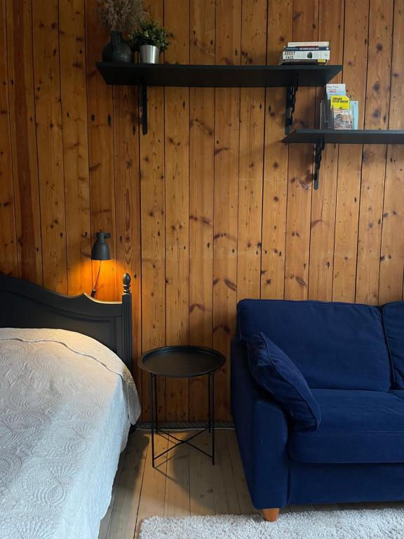 塔林Hipster’s Kalamaja Studio Apartment的一间卧室配有蓝色的沙发和一张桌子