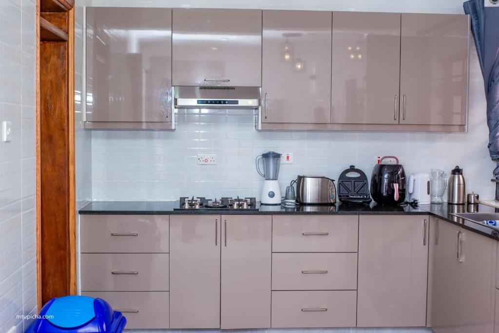 NarokCaptain Villa Narok的厨房配有白色橱柜和银色电器