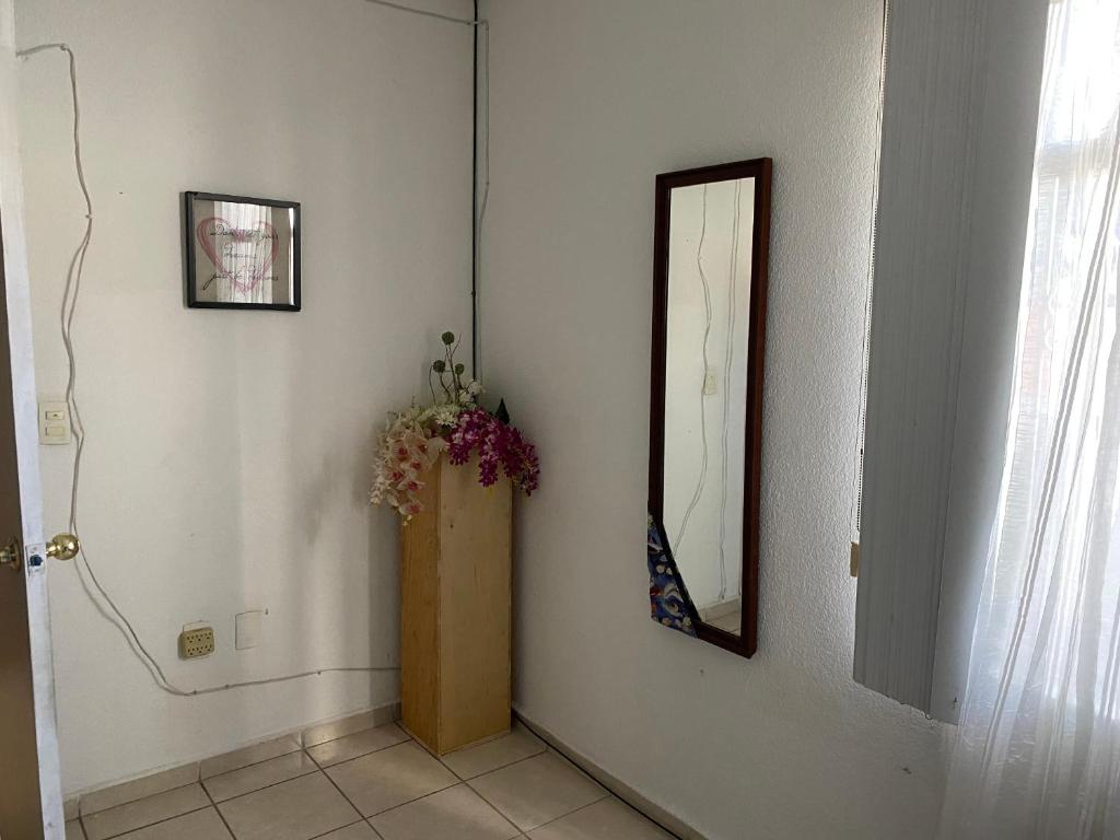 El JacalSammus House的走廊上设有镜子和花瓶