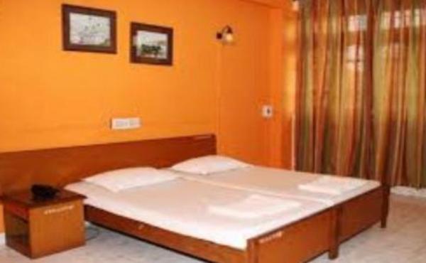 瓦斯科达伽马Vasco Residency的卧室内的一张床位,卧室内拥有橙色的墙壁