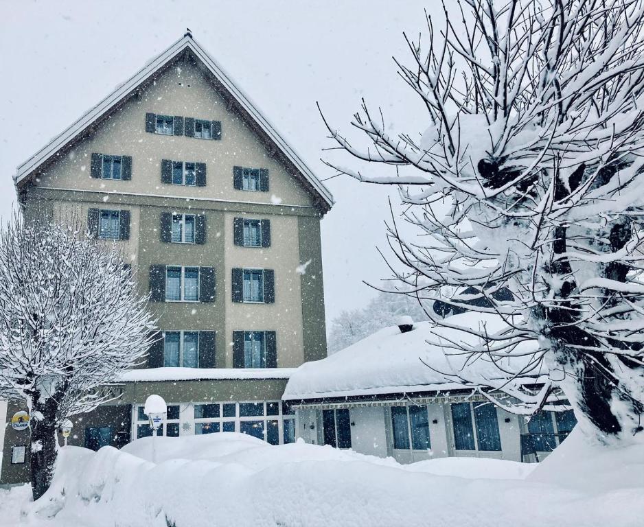 帕尔潘斯塔泽松酒店的一座大建筑,被雪覆盖在树旁