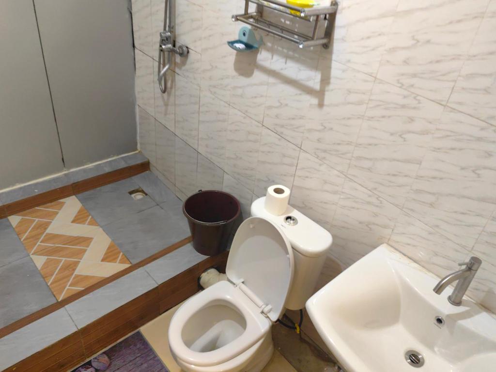阿克拉hongyuanprimierhotel的一间带卫生间和水槽的浴室