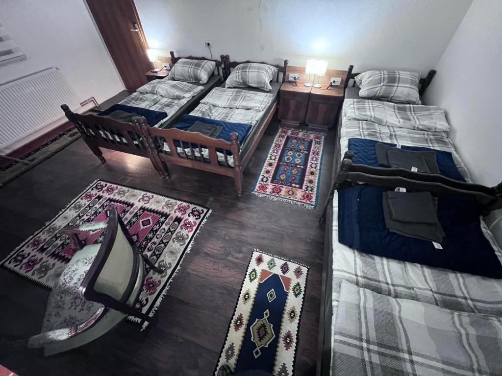 皮罗特Prenoćište Jocic的两张床铺,位于一间有两块地毯的房间