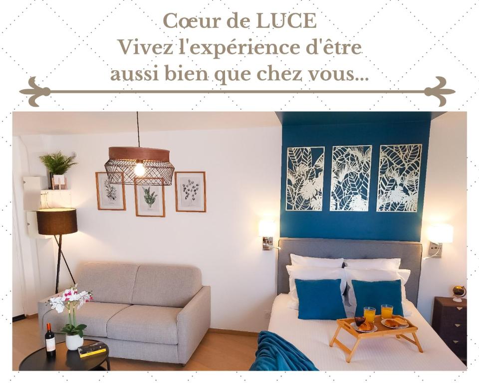 LucéEscapade au cœur de Luce chartres的客厅配有床和沙发