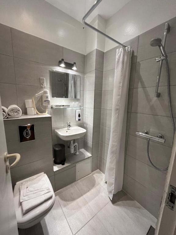 赫尔辛格斯堪地亚酒店的带淋浴、卫生间和盥洗盆的浴室