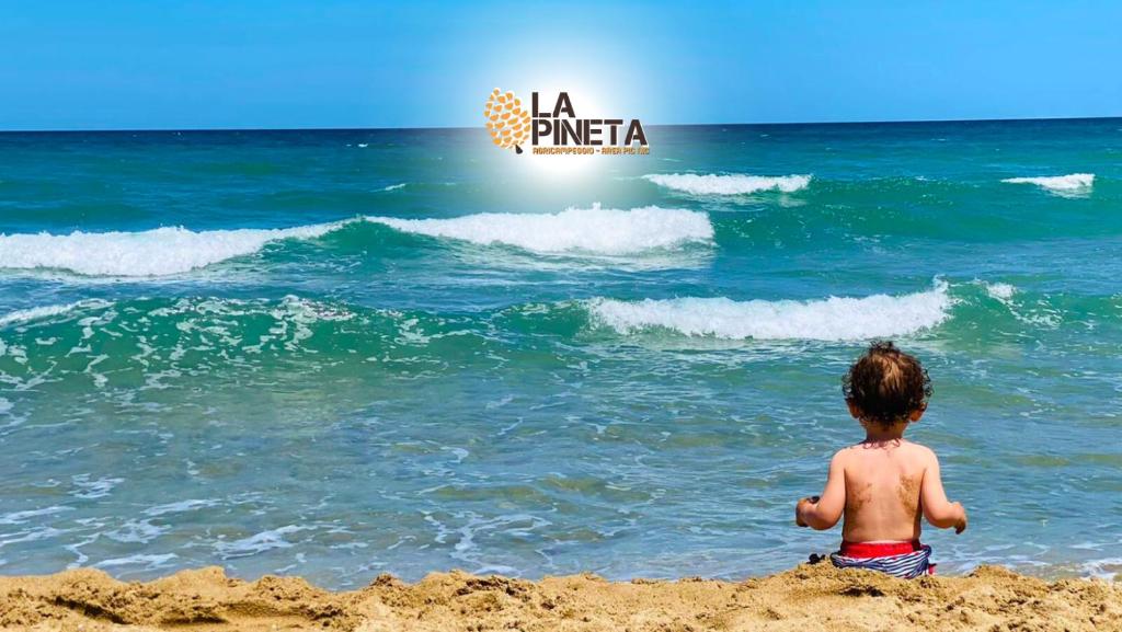 莱西纳Agricampeggio La Pineta的坐在海滩上看海洋的小孩