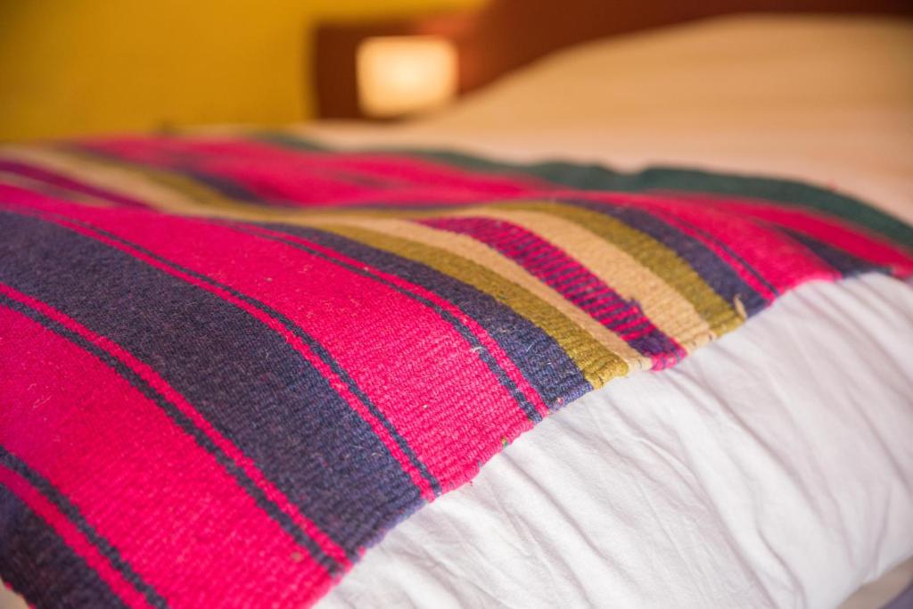 乌玛瓦卡Hostel La Humahuacasa的床上的红黑白毯子