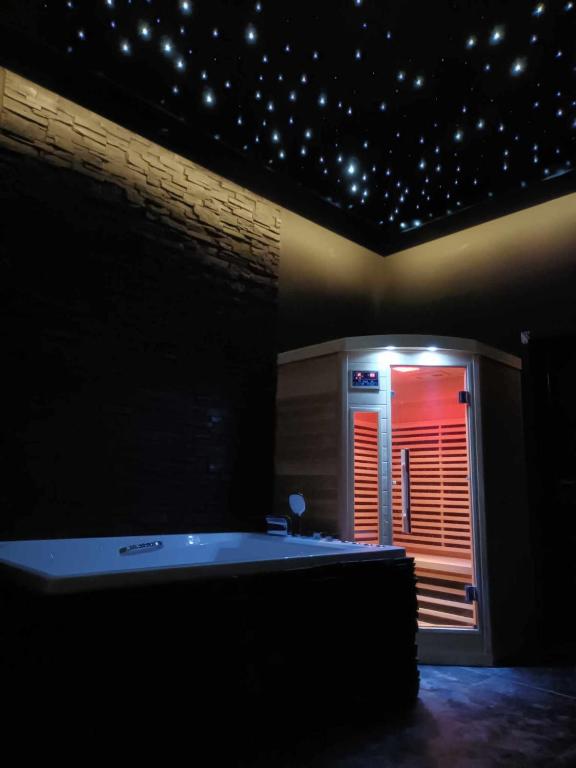 Morlanwelz-MariemontLa Chambre Delta的一间带浴缸的浴室,位于天星星的天花板上