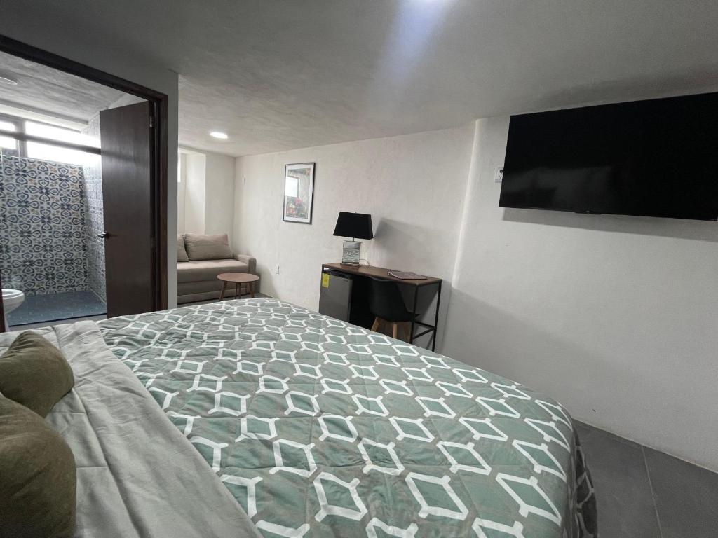 瓜达拉哈拉Quinta La Perla的一间卧室配有一张床和一台平面电视
