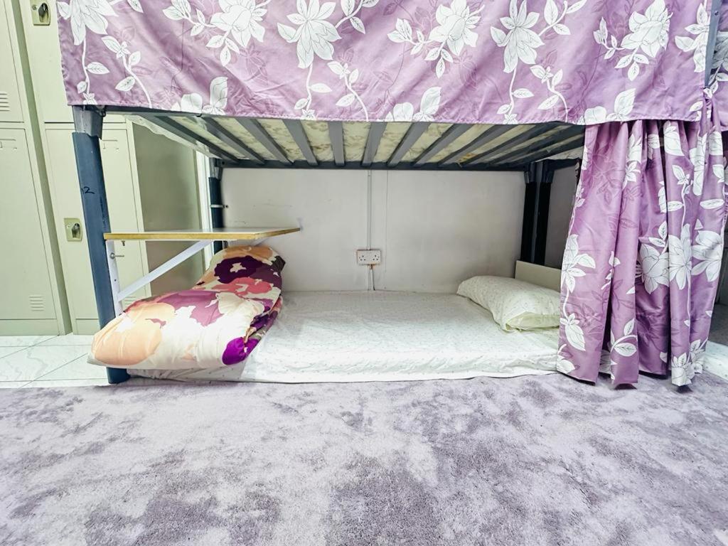 迪拜Bed Space Hostel的一间卧室配有一张带紫色天篷的双层床