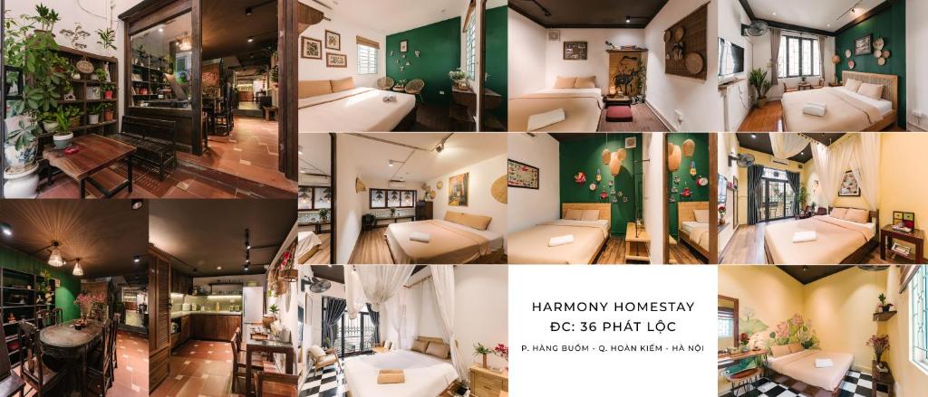 河内Harmony Homestay - Hanoi Homestay in Old Quarter的绿色墙壁房屋的照片拼贴