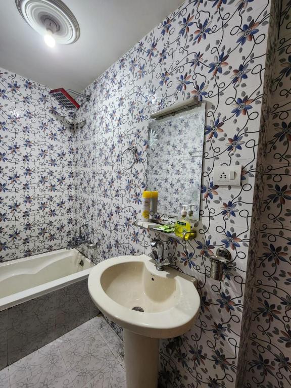 斯利那加Hotels的浴室配有盥洗盆、镜子和浴缸