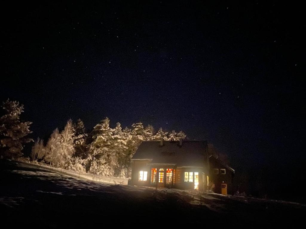 塞伊内Krasnogruda 7c的夜晚在雪中点亮的房子