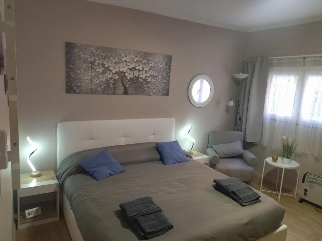 罗马Old Bridge Minisuite的一间卧室配有一张带蓝色枕头的大床