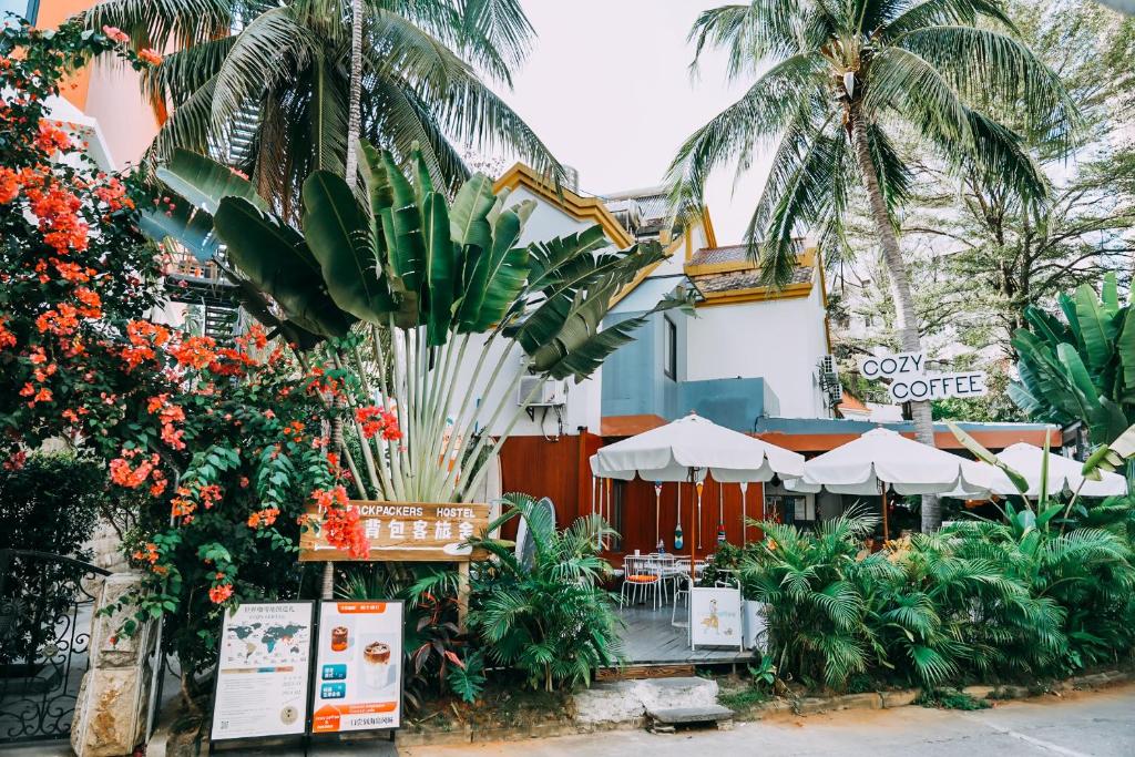 三亚三亚IPK背包客旅舍的棕榈树建筑前的花园