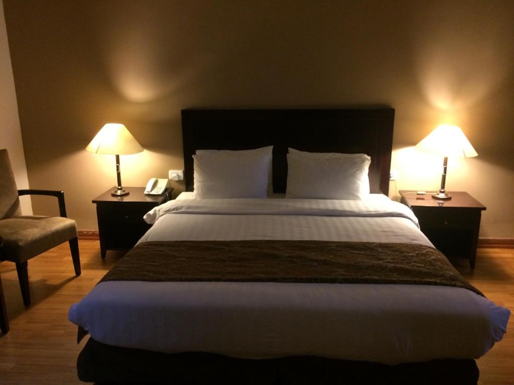 安曼牧羊人酒店的一间卧室配有一张大床、两盏灯和一把椅子