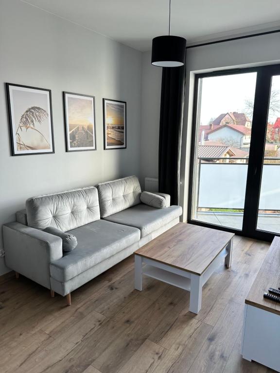 尤斯托尼莫斯基Summer Baltic Apartament的带沙发和咖啡桌的客厅