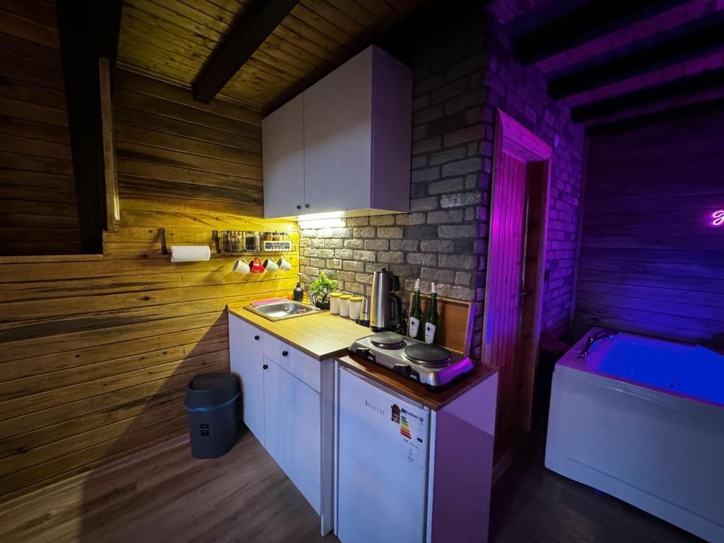 卡特佩Adalar Garden Bungalov的厨房配有带紫色灯的台面
