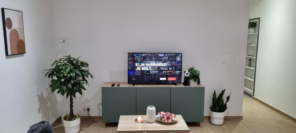 安特卫普Spacious 2 Bedroom Apartment with Court yard - Antwerp Smooth Stays的客厅的橱柜顶部配有电视