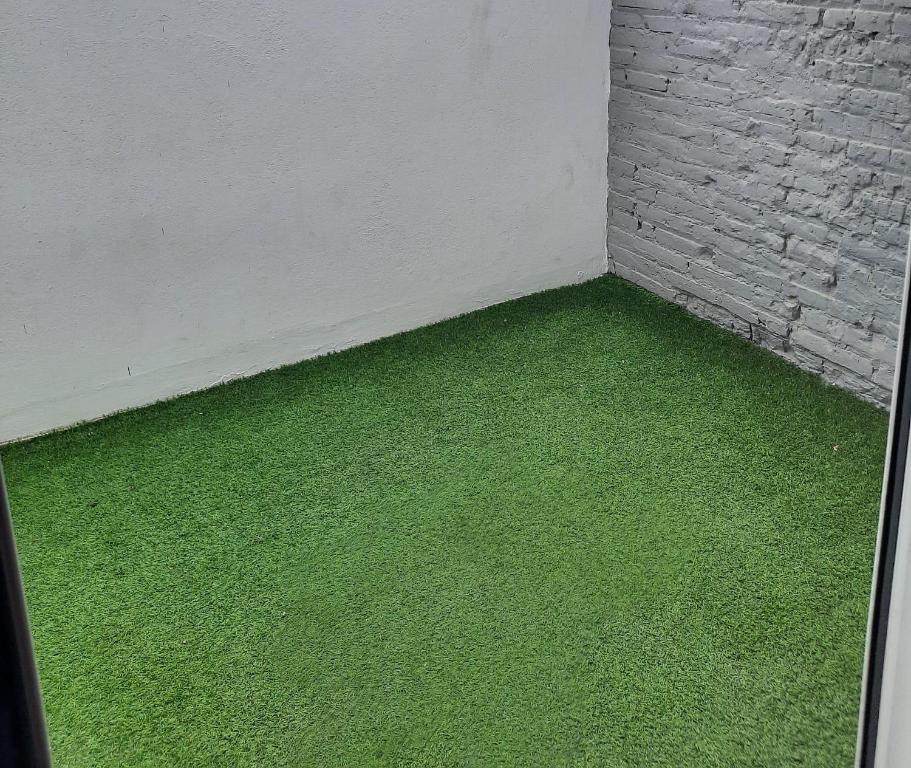 瓦伦西亚Bonito Alojamiento F的砖墙旁的绿色草房
