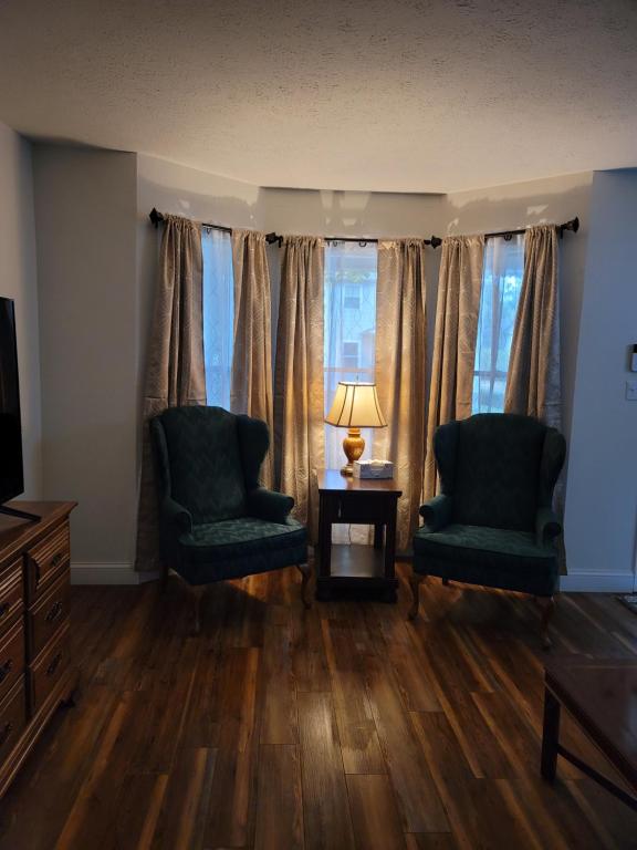 Tranquil Retreat in the heart of Bethany的客厅配有两把椅子和一张带台灯的桌子