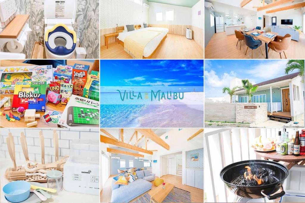 宫古岛Villa Malibu Palm Springs Miyakojima Resort的照片拼贴的酒店房间