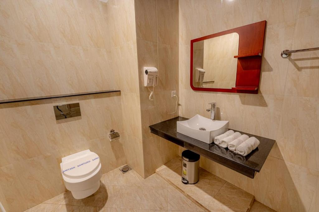 瓦都瓦Nirmala Hotel的一间带卫生间和水槽的浴室