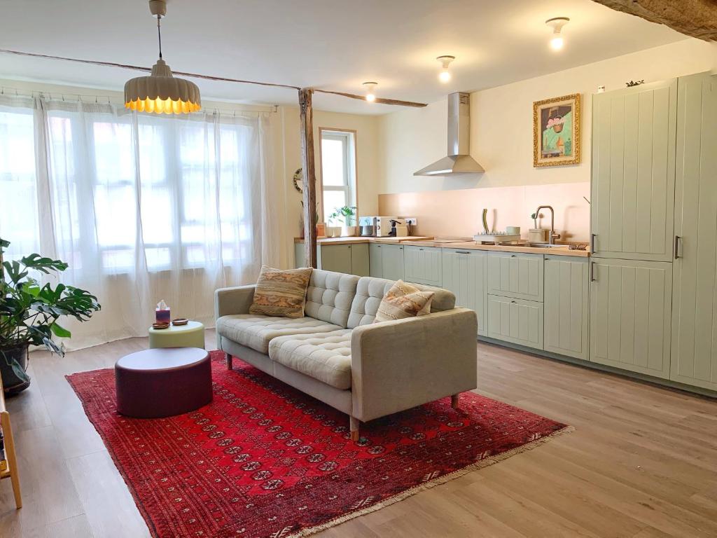 贝梅奥Charming flat in historic centre by Santa Maria的带沙发和红色地毯的客厅