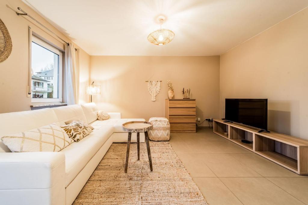 卢森堡Beautiful apartment in the city and free parking的客厅配有白色沙发和电视