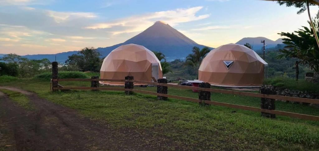 埃尔卡斯蒂约Pura Vista Glamping的两顶帐篷位于山地的田野
