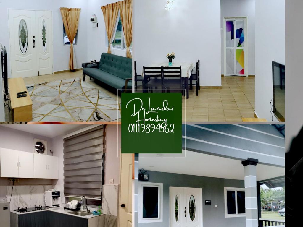 北根D landai homestay的两幅带绿色沙发的客厅的照片