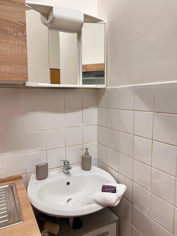 维也纳Luxus Apartment的一间带水槽和镜子的浴室