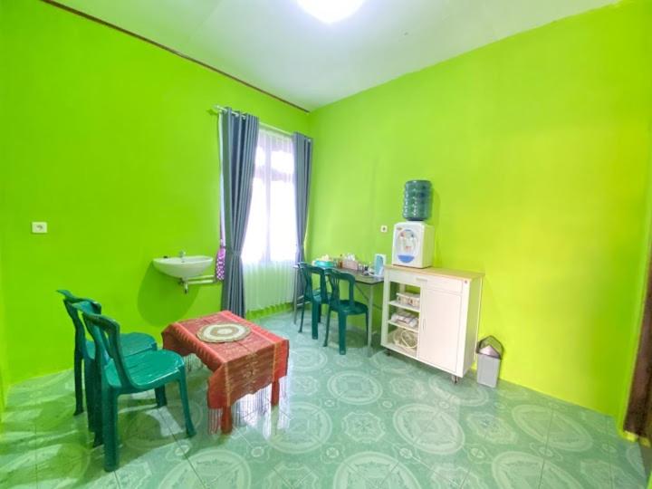 纳闽巴霍Cendana Guesthouse Labuan Bajo2的绿色的客房配有桌椅和水槽