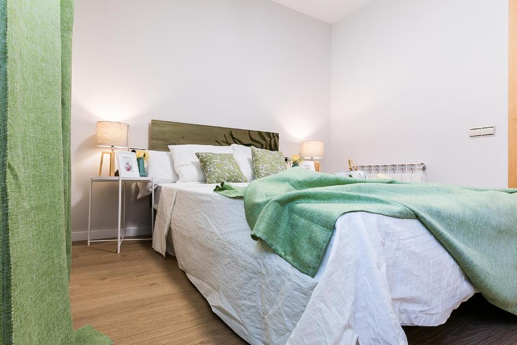 特拉萨Top family apartment by Lofties的一间卧室配有一张带绿毯的床