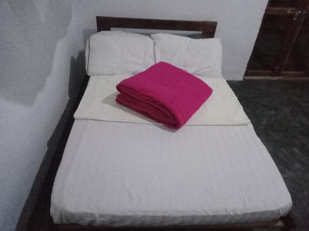 波特尔堡Wakanda cottage kibale的白色的床和紫色枕头