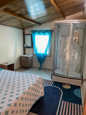 Mano JuanCasa Mano Juan的一间卧室设有淋浴和一张带蓝色窗帘的床。