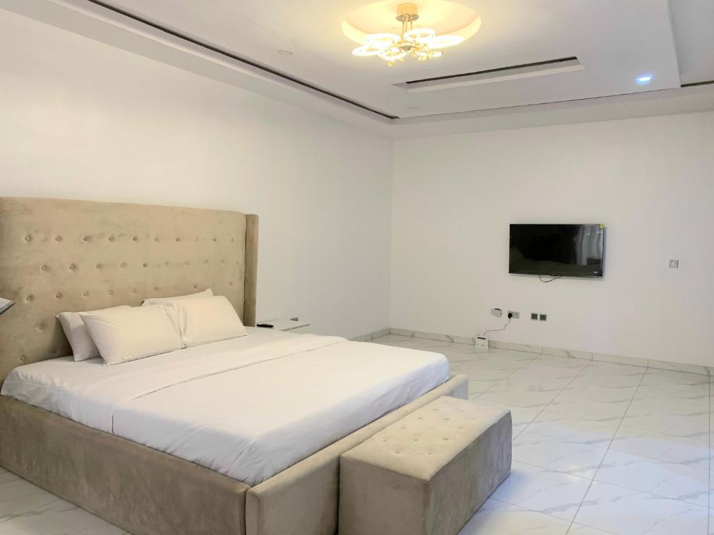拉各斯The Residenze Adeniyi Jone Ikeja的一间带大床和电视的卧室