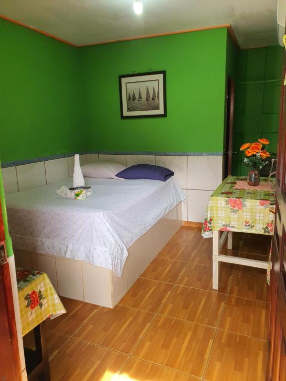 Coxen HoleHotel Economica的一间卧室配有一张带绿色墙壁的床