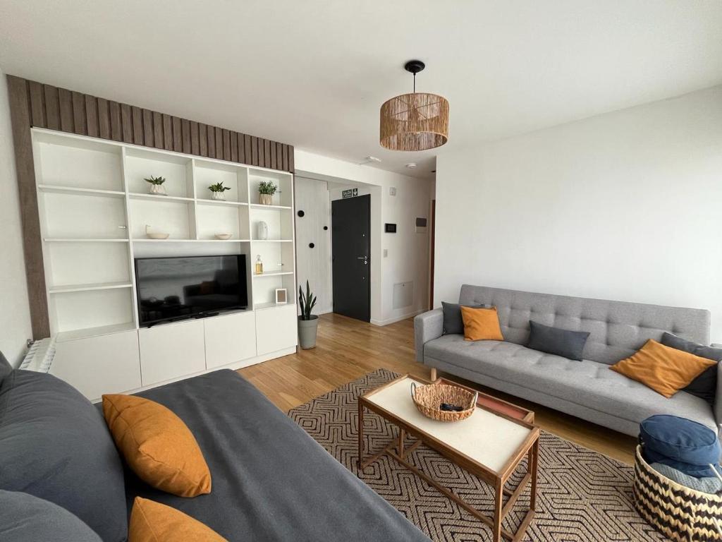 乌斯怀亚Campos de Ushuaia的带沙发和电视的客厅